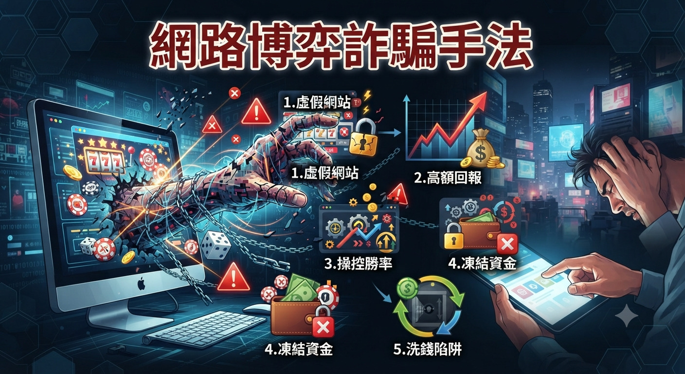 這是一張關於「網路博弈詐騙手法」的示意圖,透過數位監控與金錢陷阱的視覺設計,揭示了詐騙集團如何透過虛假網站操控勝率、誘騙受害者並凍結資金的惡意操作過程。